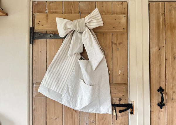 Adjustable Bow Shoulder Bag- Patchwork Linen