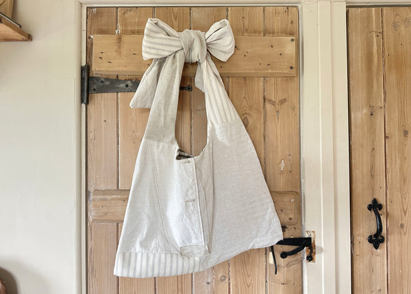 Adjustable Bow Shoulder Bag- Patchwork Linen
