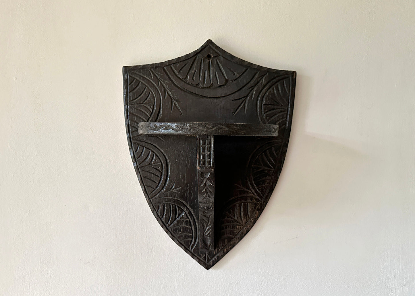 Antique Oak Shield Shelf, Church Salvage