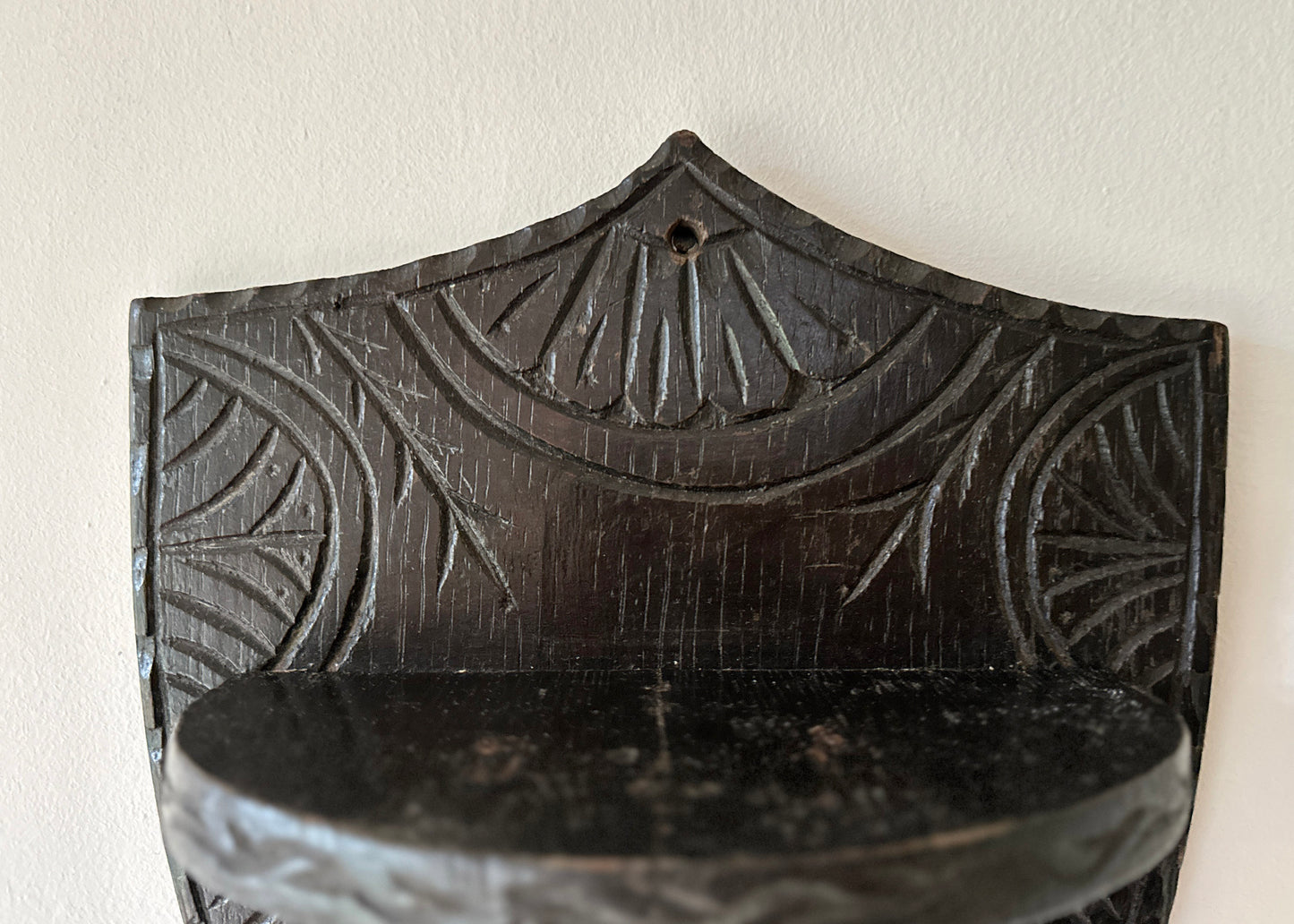 Antique Oak Shield Shelf, Church Salvage