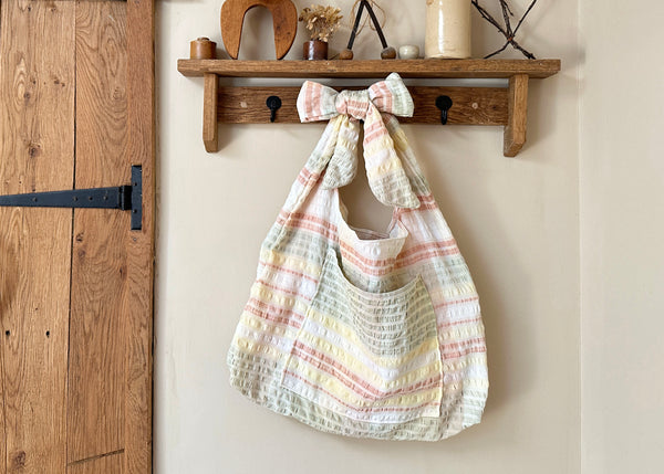 Seersucker Tablecloth Bow Shoulder Bag- Slouchy Tote
