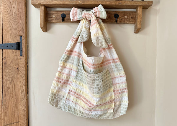 Seersucker Tablecloth Bow Shoulder Bag- Slouchy Tote