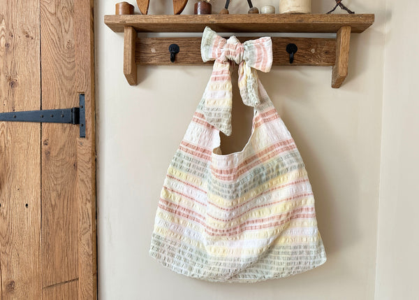 Seersucker Tablecloth Bow Shoulder Bag- Slouchy Tote