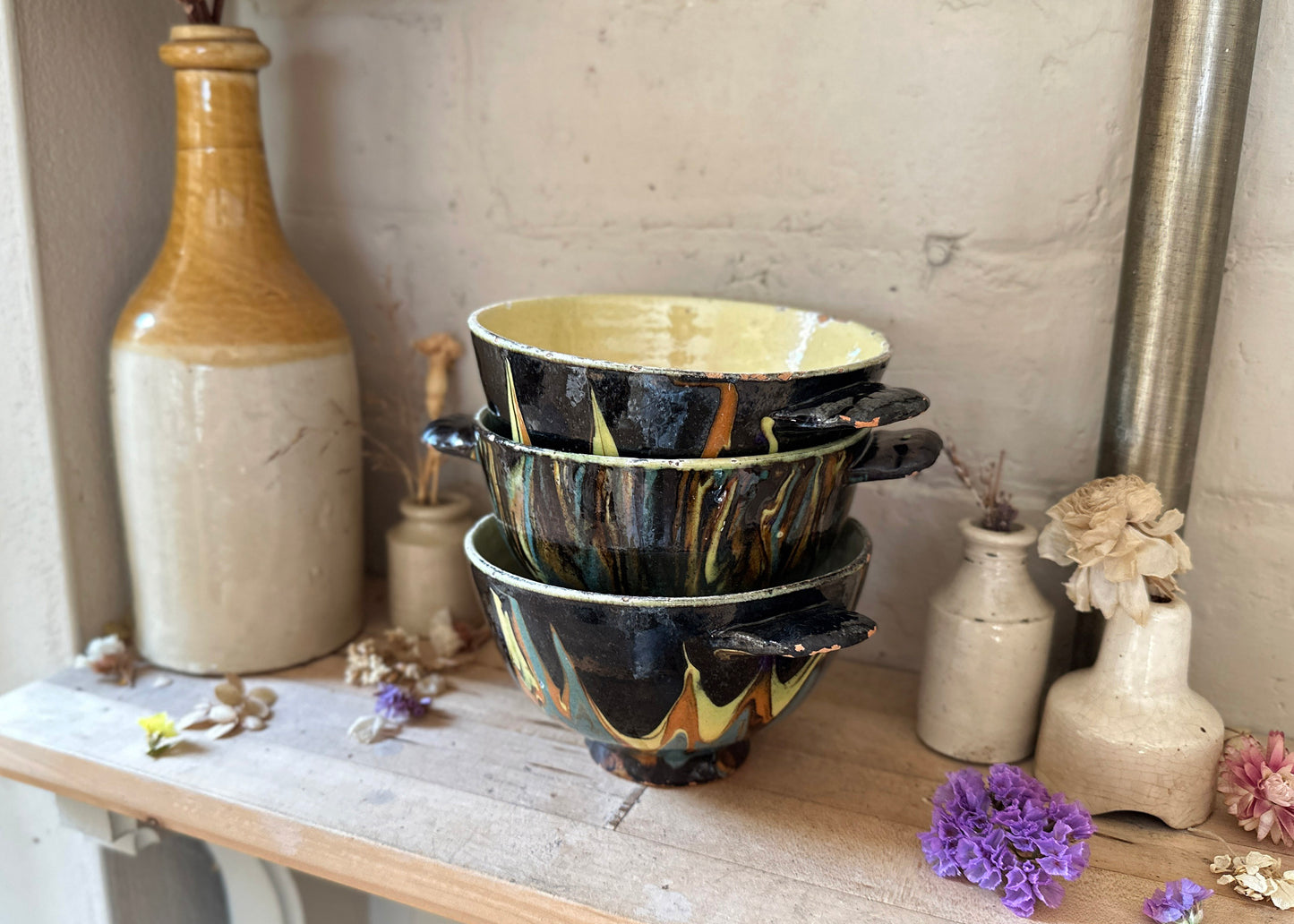 x3 Clay Marble Glaze Bowls