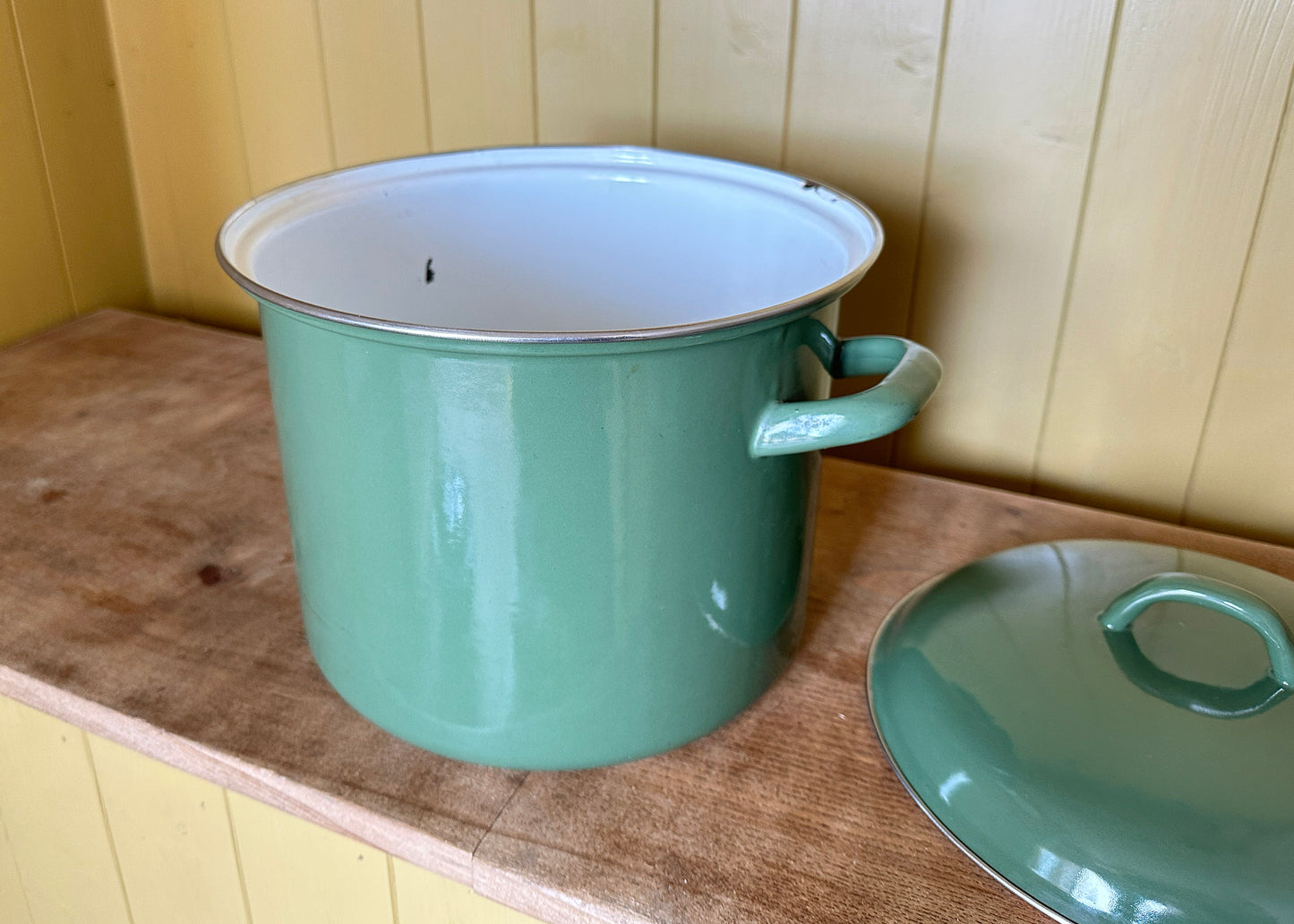 RESERVED- Green Enamel Pot