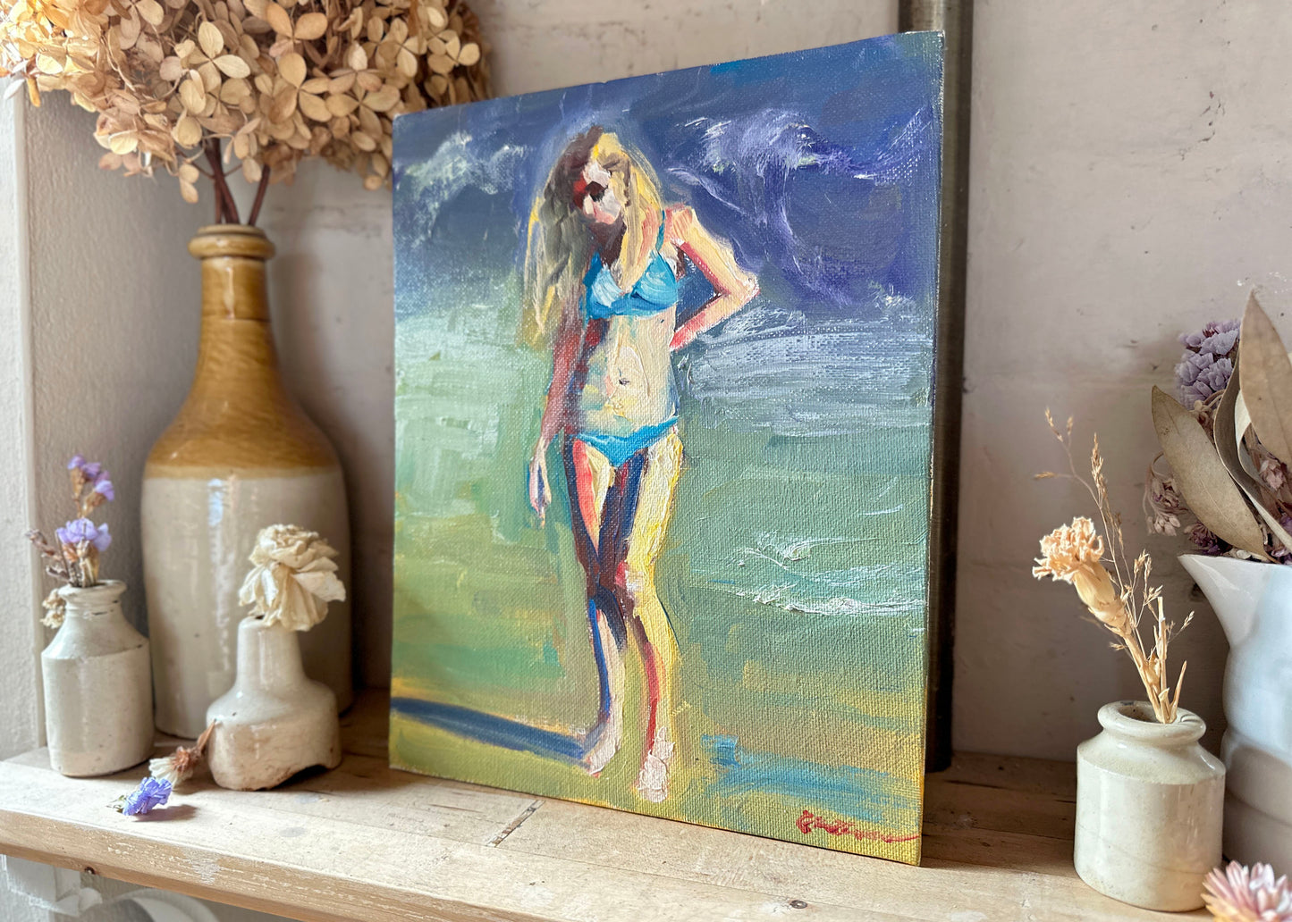 Girl on a Beach Signed Oil Painting