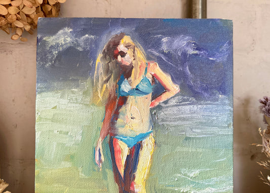 Girl on a Beach Signed Oil Painting