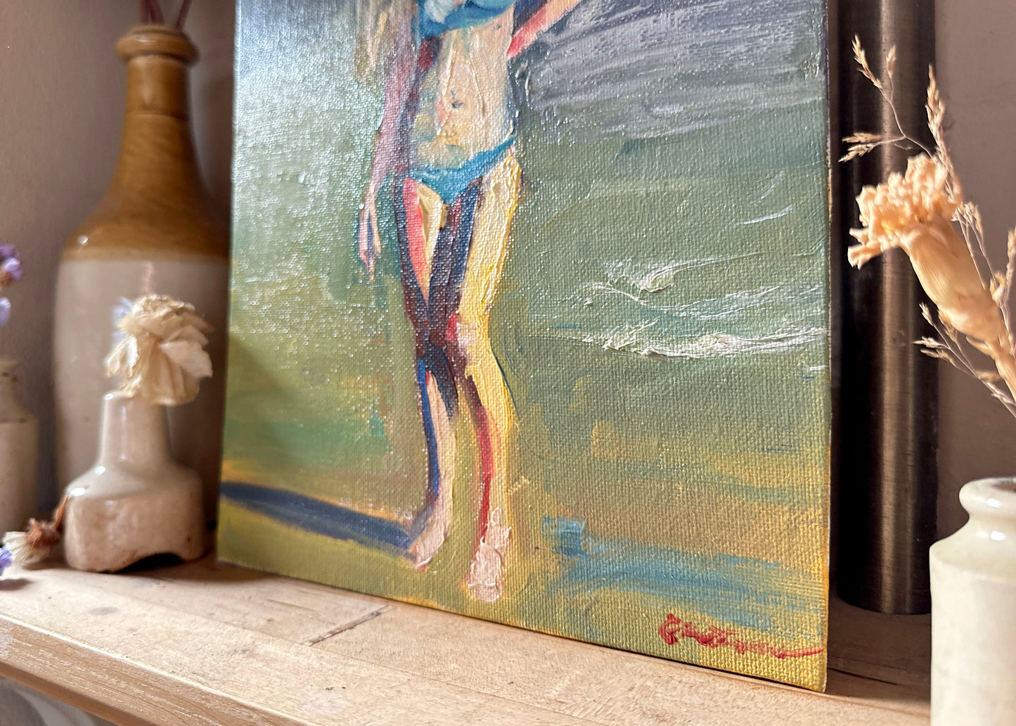 Girl on a Beach Signed Oil Painting