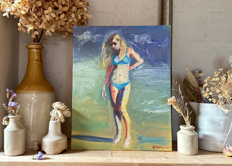 Girl on a Beach Signed Oil Painting