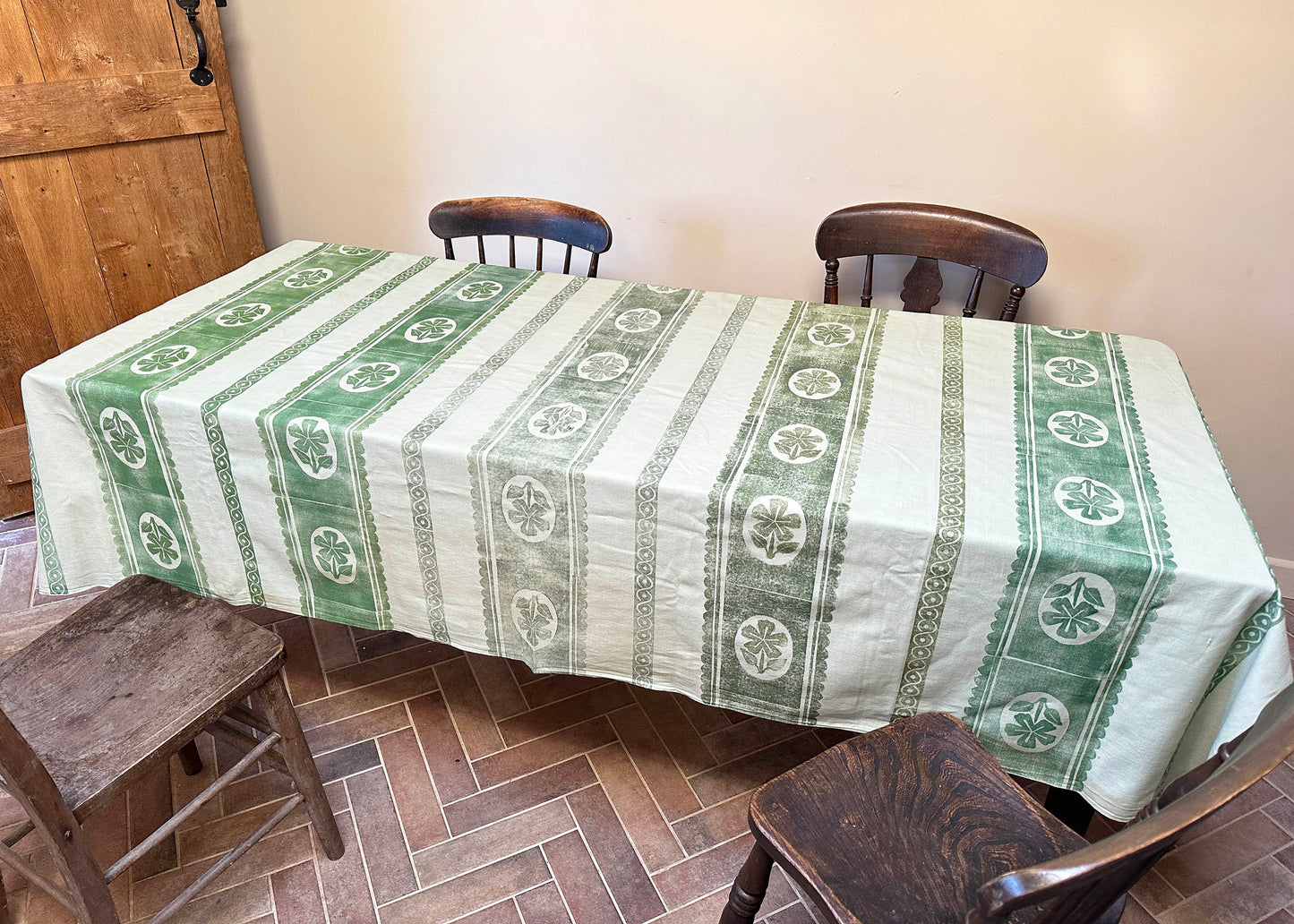 Green Pansy - Reclaimed Hand Printed Tablecloth