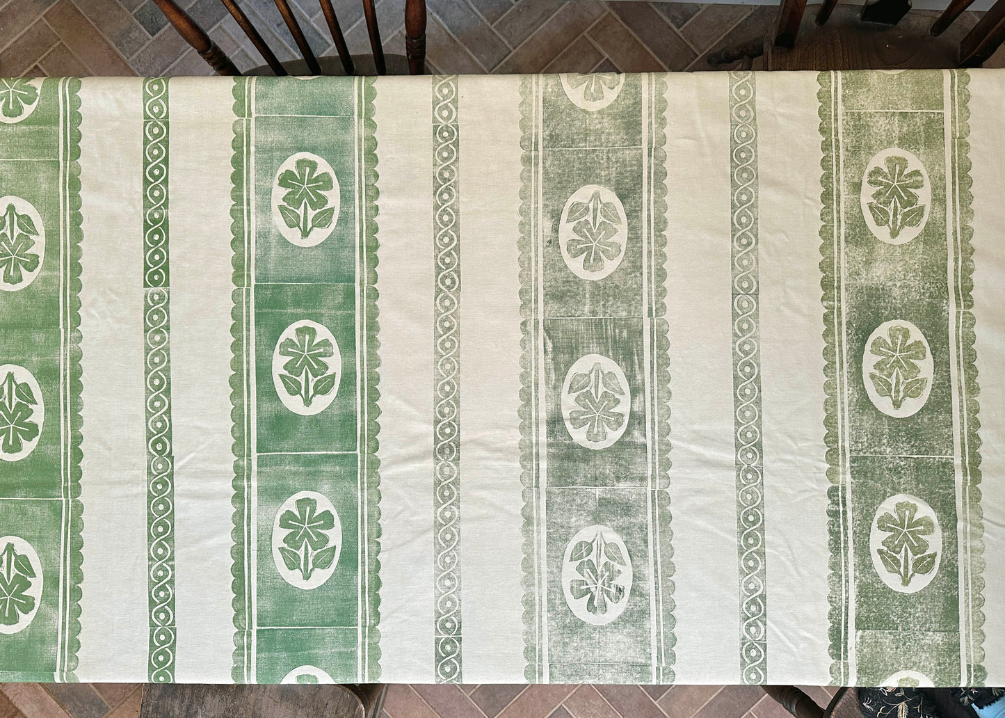 Green Pansy - Reclaimed Hand Printed Tablecloth