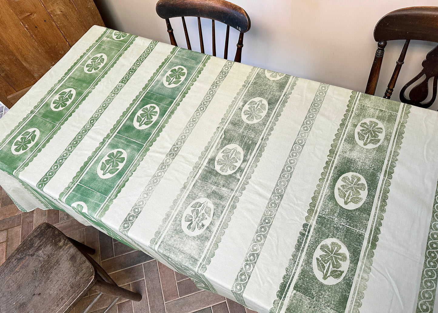 Green Pansy - Reclaimed Hand Printed Tablecloth