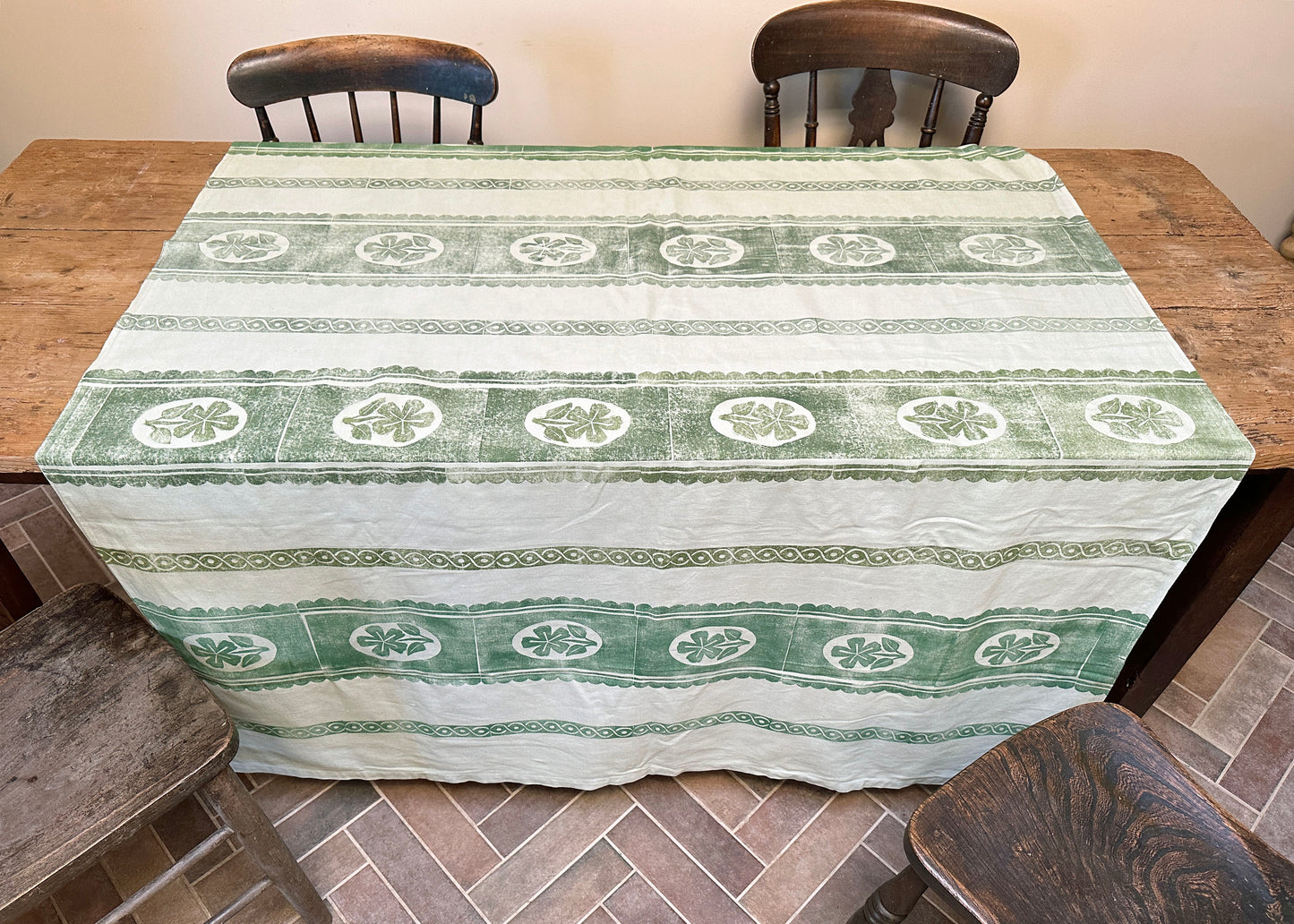 Green Pansy - Reclaimed Hand Printed Tablecloth