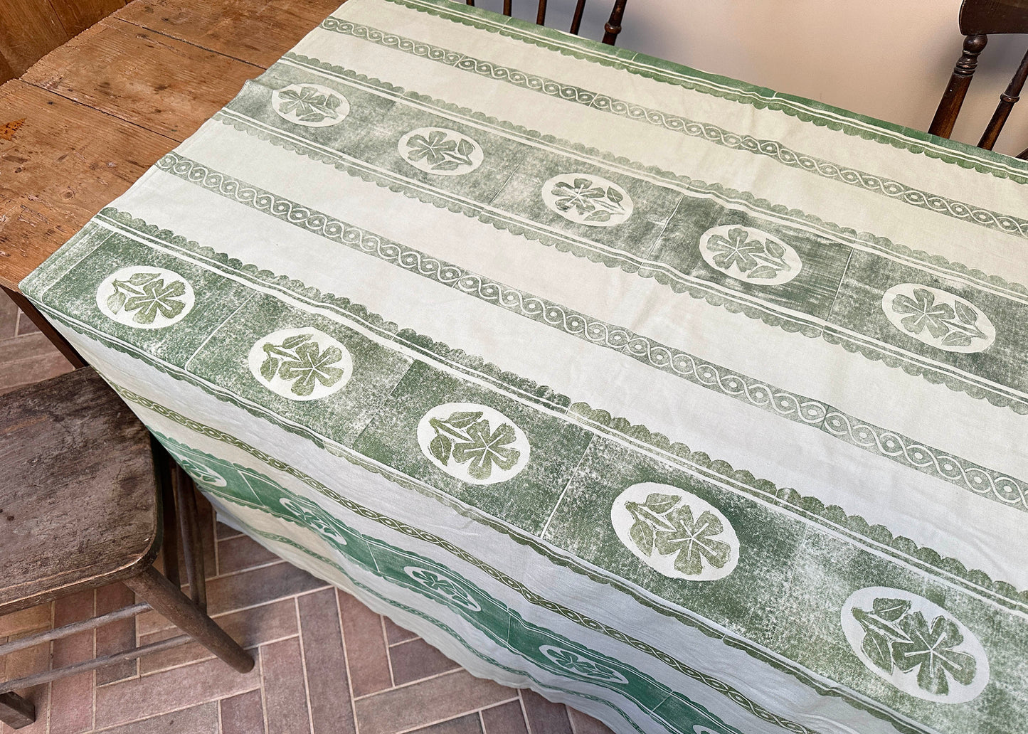 Green Pansy - Reclaimed Hand Printed Tablecloth