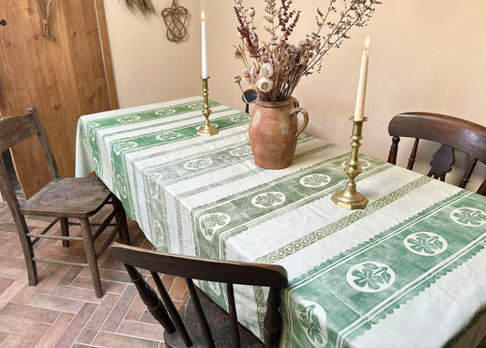 Green Pansy - Reclaimed Hand Printed Tablecloth