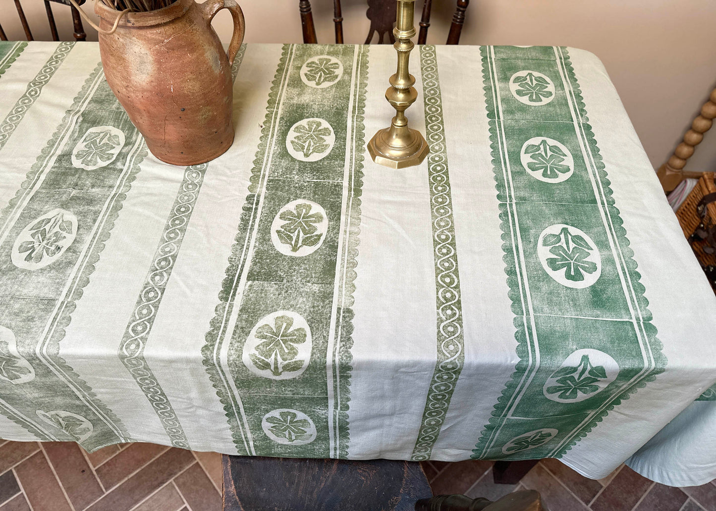 Green Pansy - Reclaimed Hand Printed Tablecloth