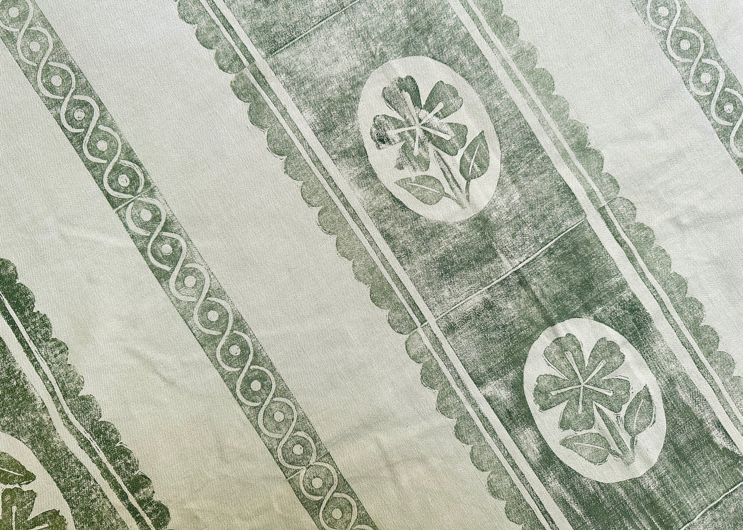 Green Pansy - Reclaimed Hand Printed Tablecloth