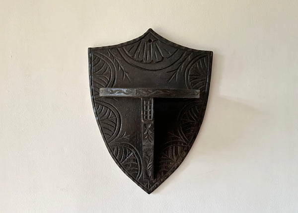 Antique Oak Shield Shelf, Church Salvage