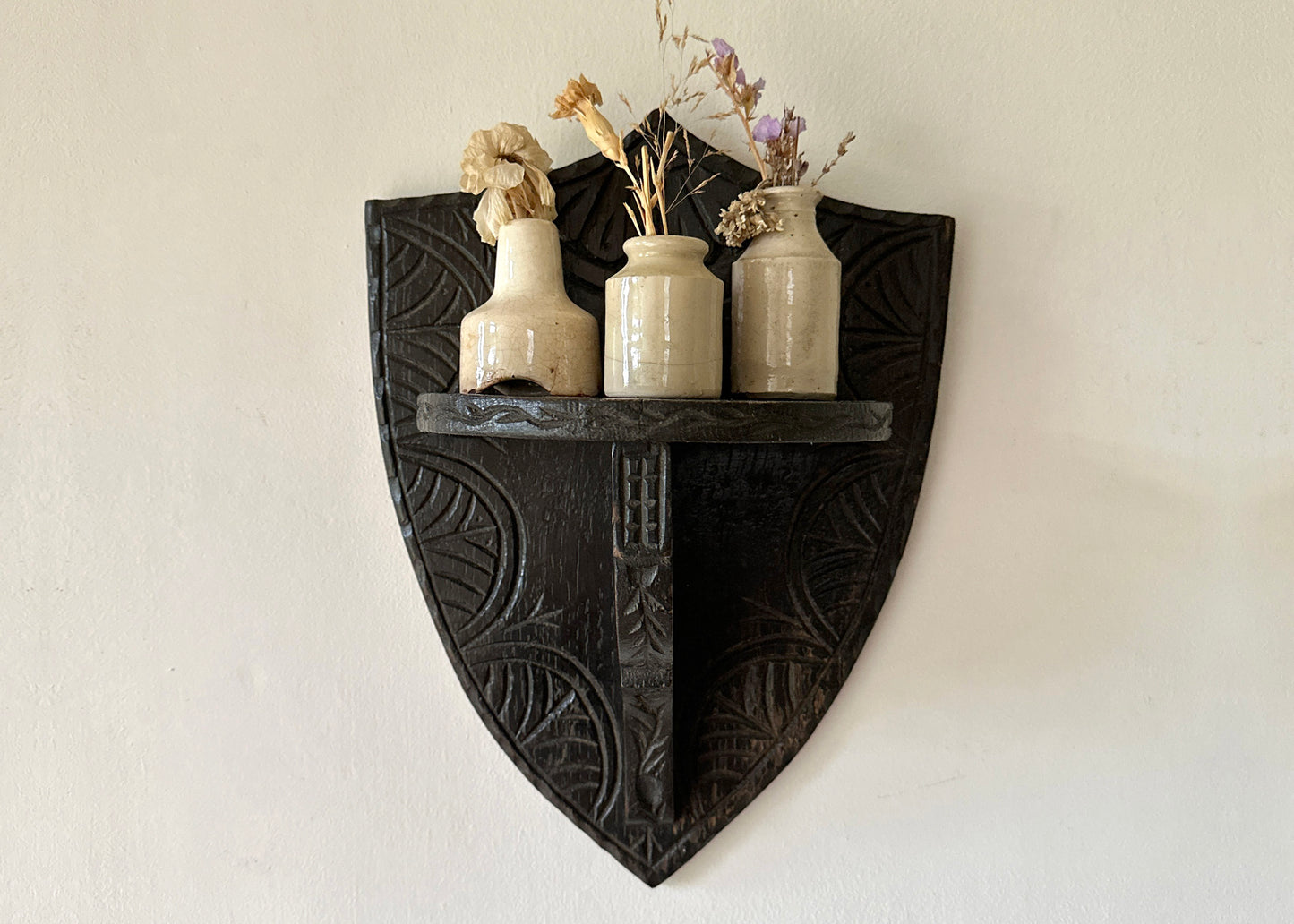 Antique Oak Shield Shelf, Church Salvage