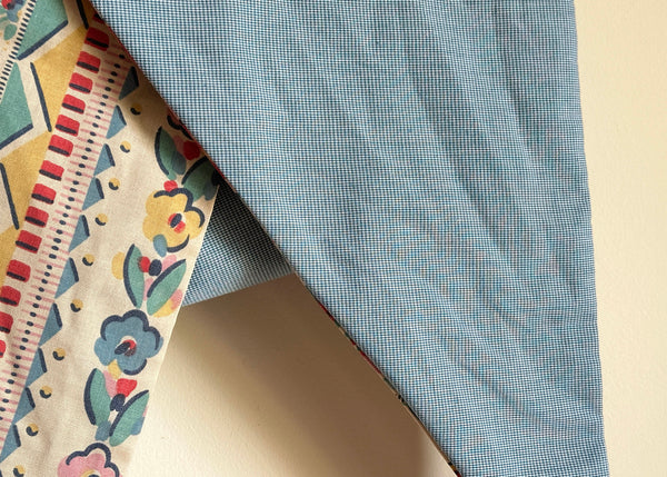 Vintage Patterned Fabric Scarf - Blue Gingham