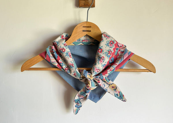 Vintage Patterned Fabric Scarf - Blue Gingham