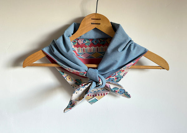 Vintage Patterned Fabric Scarf - Blue Gingham